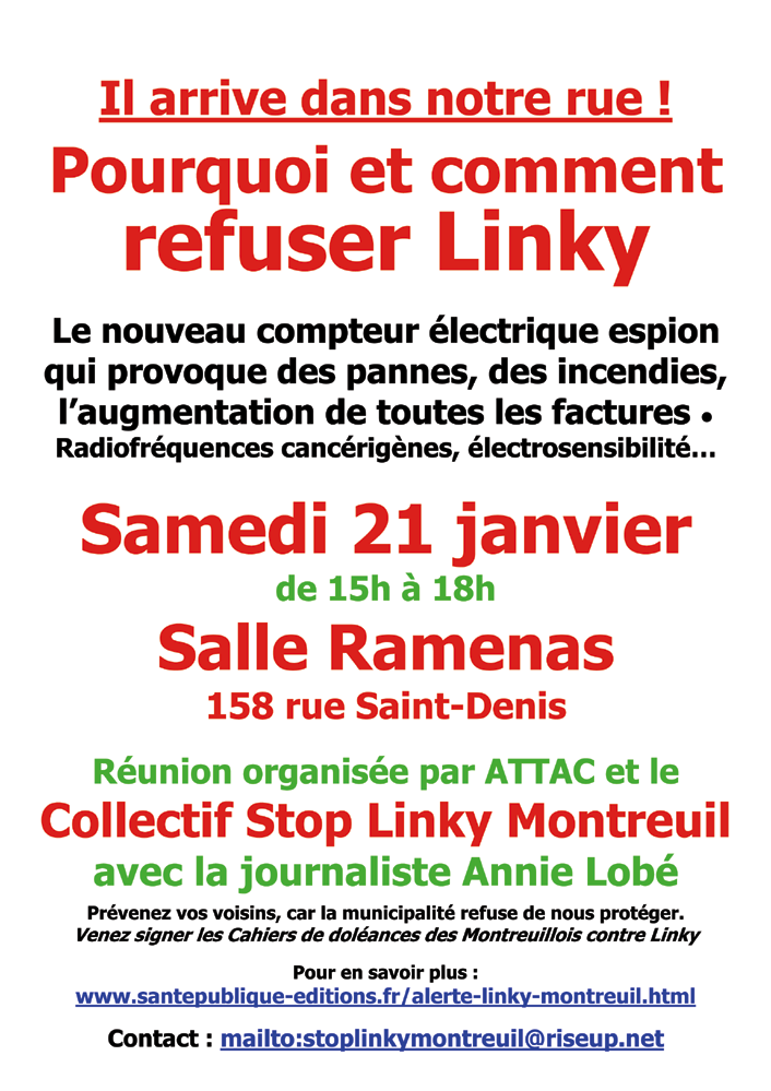 Affiche couleur Refus Linky Montreuil réunion 21 janvier 2017