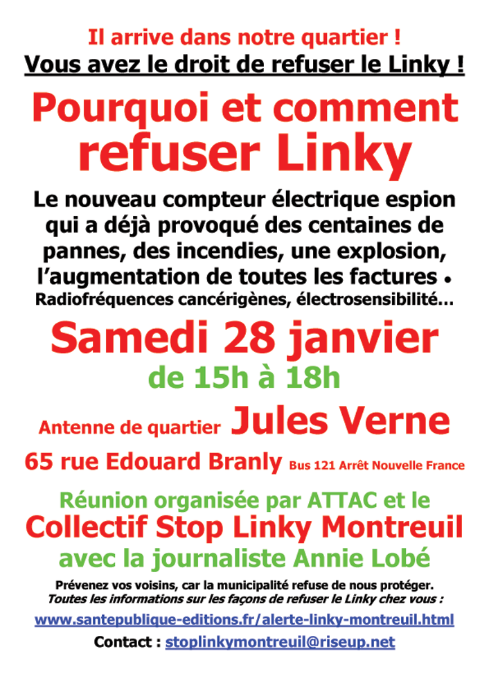 Affiche couleur Refus Linky Montreuil réunion 28 janvier 2017