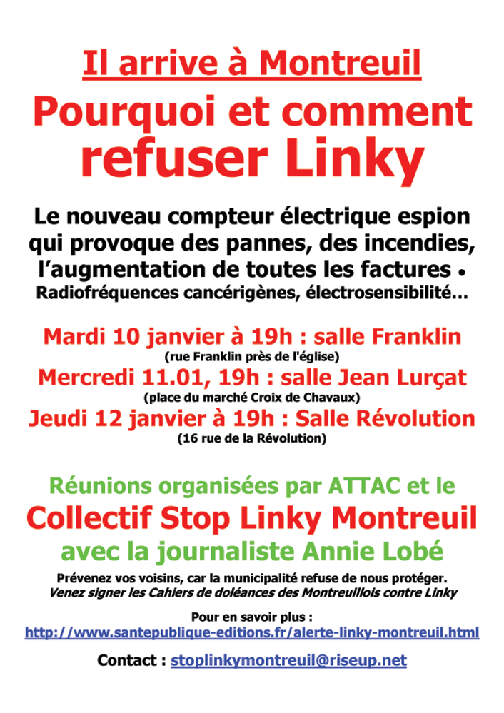 Affiche couleur Refus Linky Montreuil réunions 10 11 12 janvier 2017