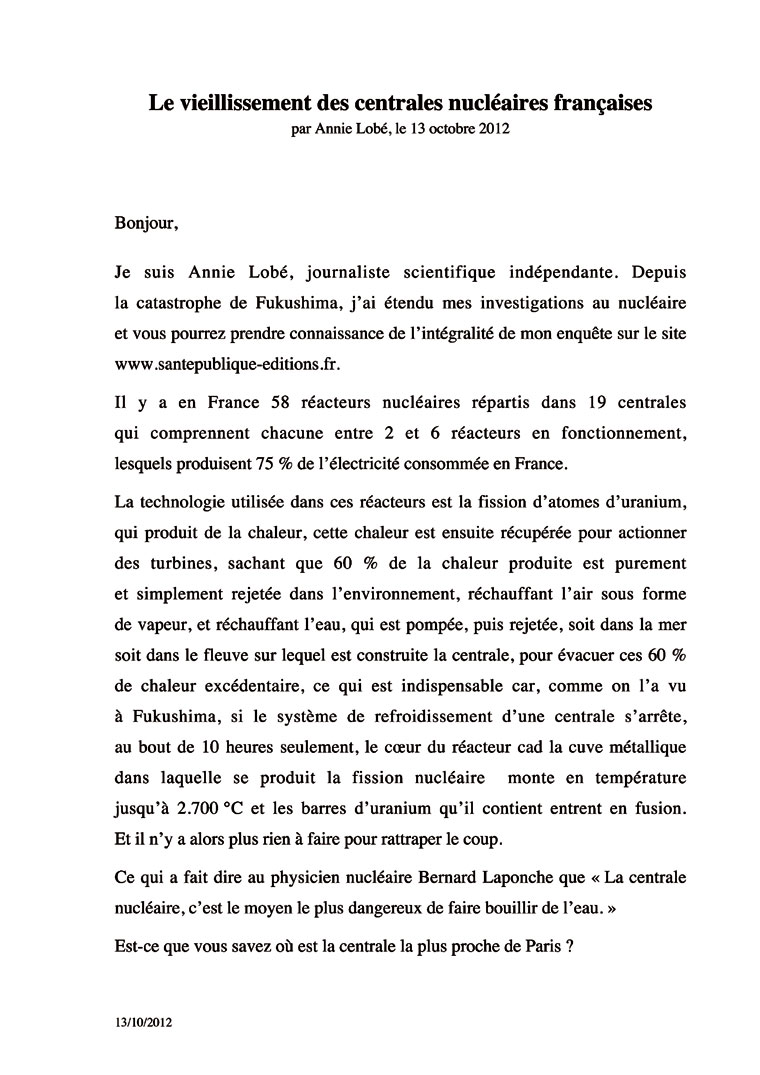 Exposé du 13 octobre 2012 sur le vieillissement des centrales nucléaires