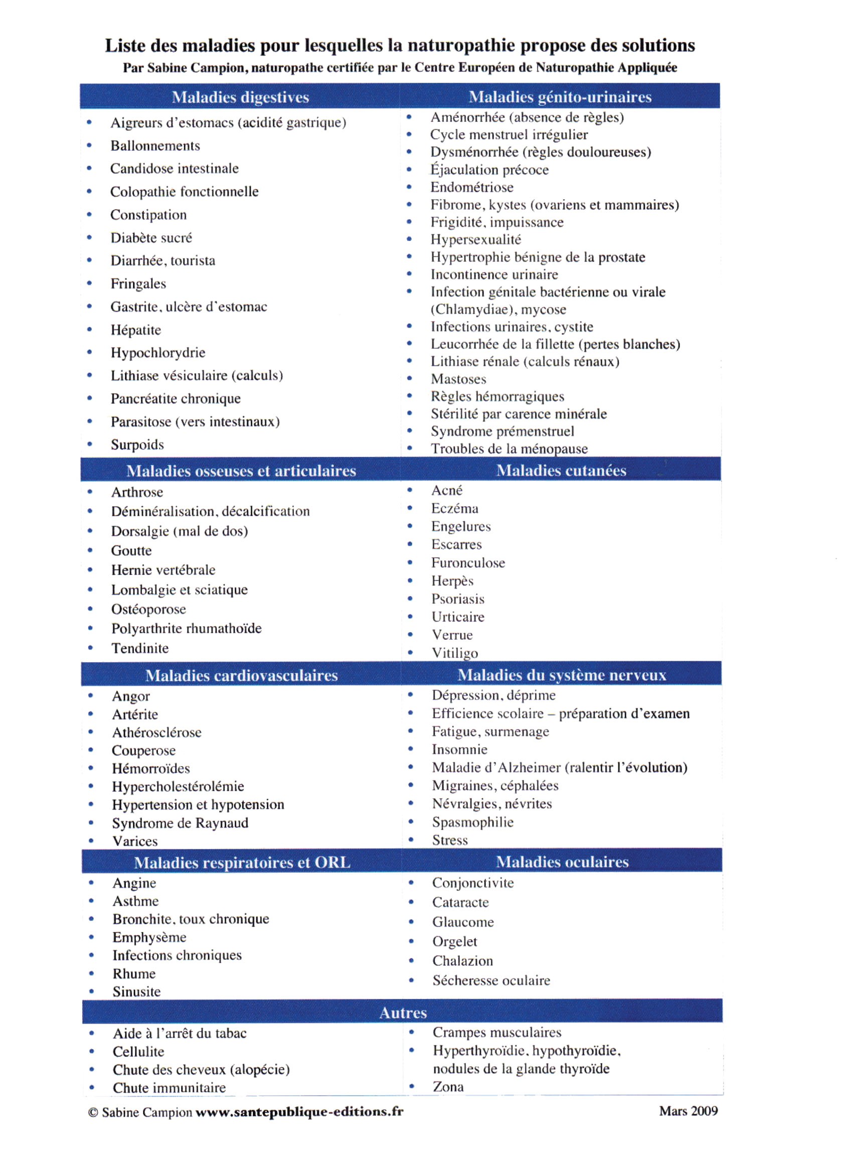 Liste des maladies pour lesquelles la naturopathie propose des solutions par Sabine Campion naturopathe