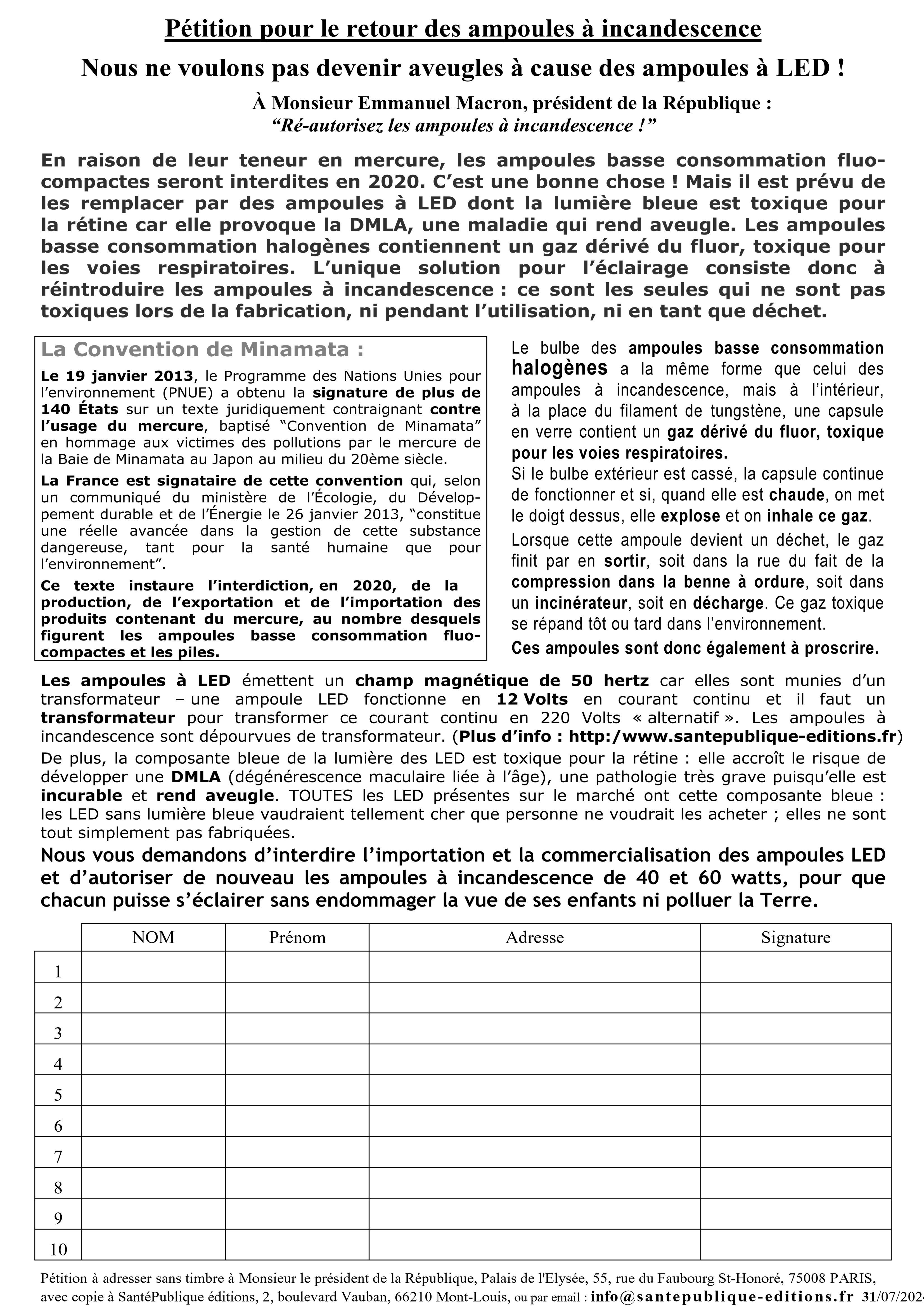 J'imprime, je signe et je fais signer la pétition pour le retour des ampoules à incandescence Pétition