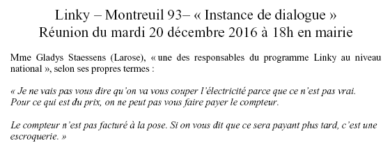 Gladys Staessens, directrice de communication du Linky : Si on vous dit que Linky sera payant plus tard, c'est une escroquerie - Montreuil, 20 dcembre 2016